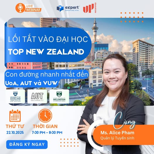 Webinar Du Học New Zealand 22/10: Lối tắt vào Top Đại học & Học bổng $20,000 NZD