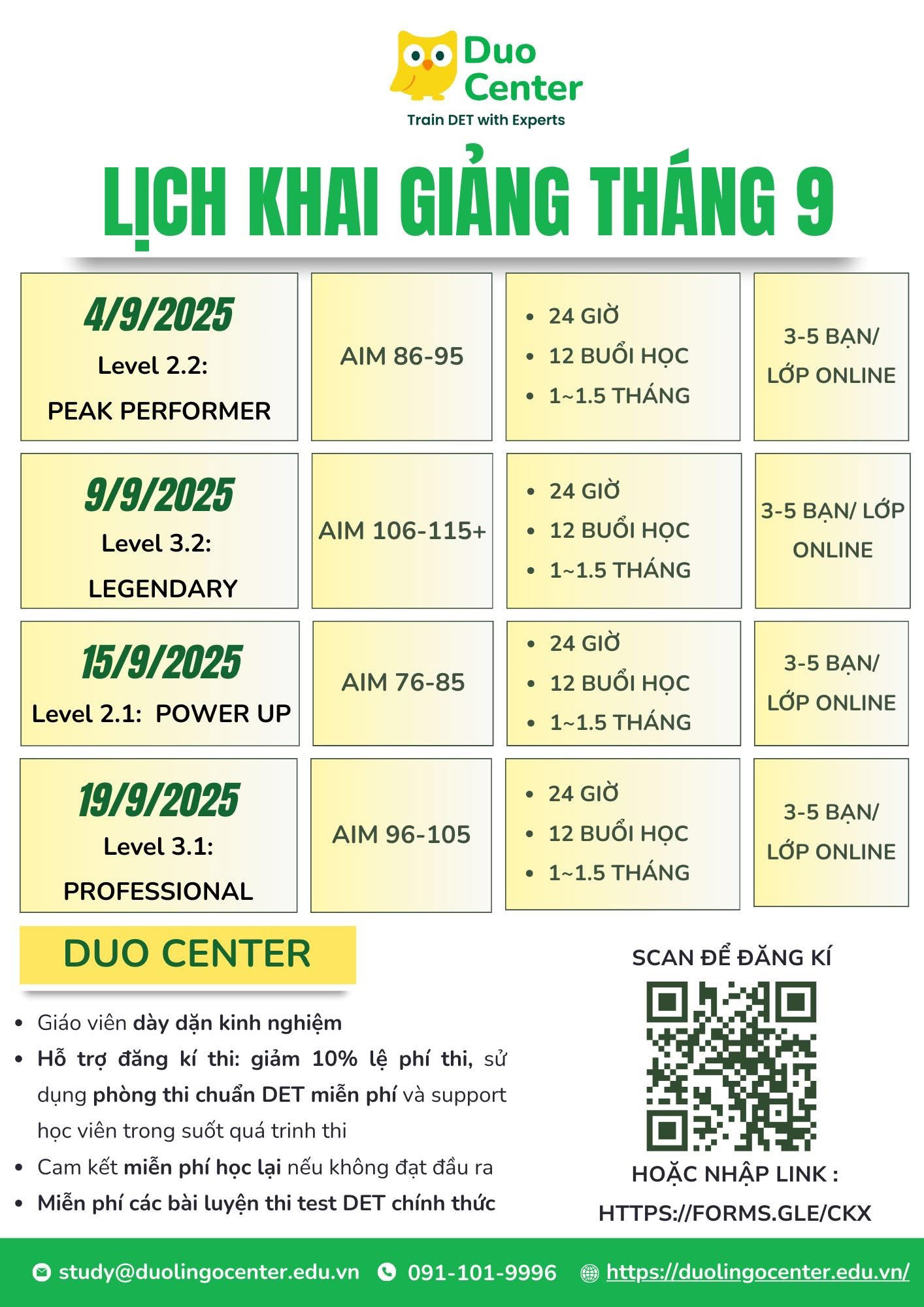 📢 LỊCH KHAI GIẢNG THÁNG 9 TẠI DUO CENTER
